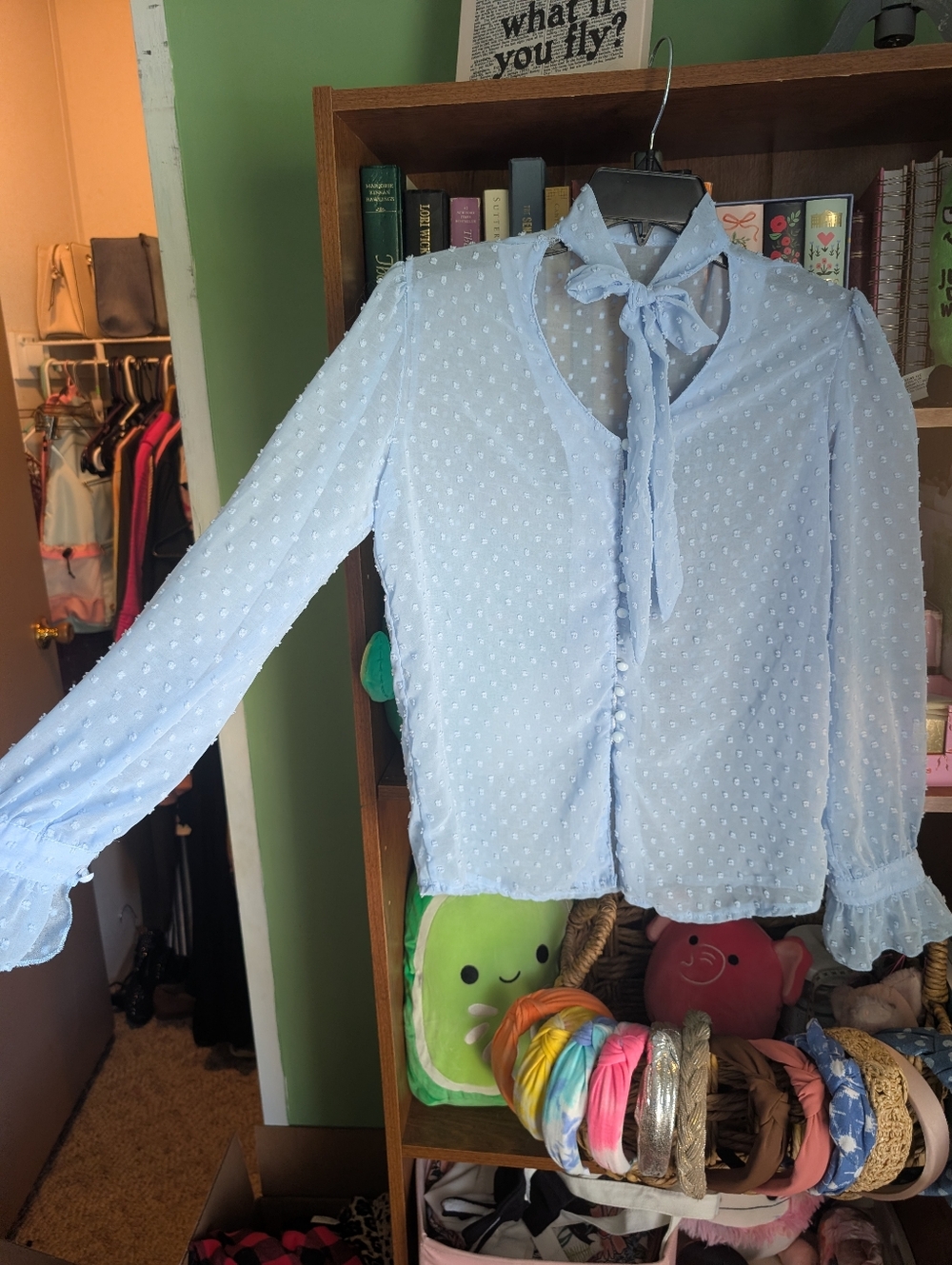 Light Blue Swiss Dot Tie-Neck Blouse - Women - Picture 3 of 7
